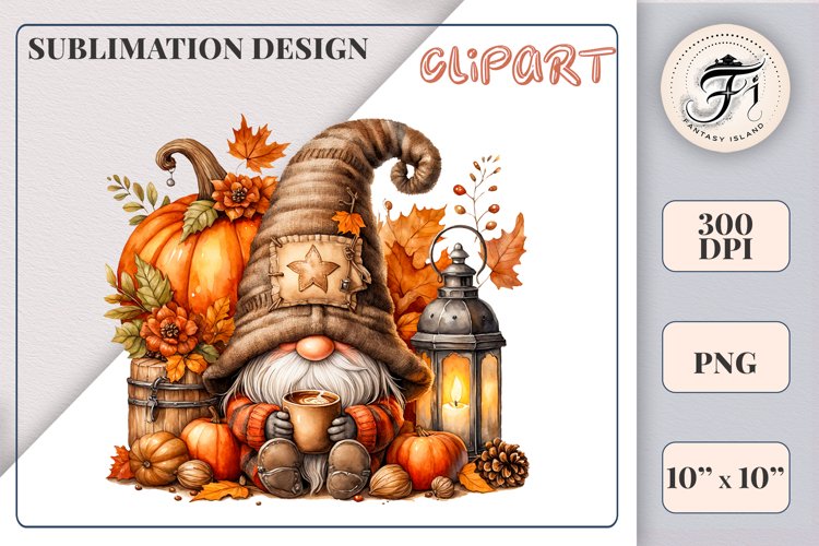 Autumn Gnome with Pumpkin Clipart | Fall Sublimation Design