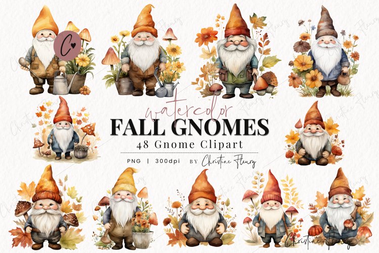 48 Watercolor Fall Gnomes Clipart