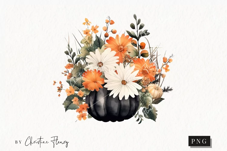 Watercolor Black Pumpkin and Flowers Clipart