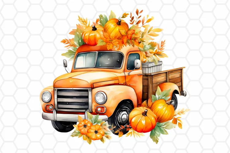 Watercolor Fall Pumpkin Truck Clipart, Sublimation PNG