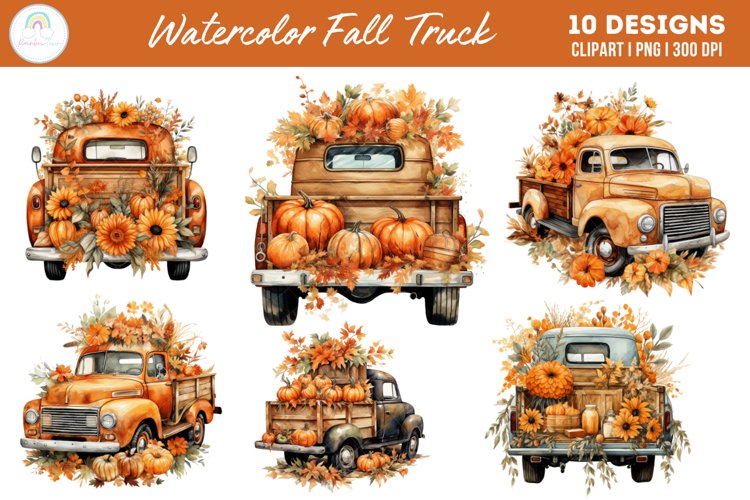 Watercolor Autumn Vintage Truck Clipart Bundle