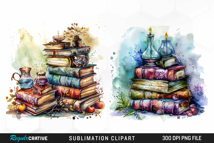 Watercolor Fantasy Books Sublimation PNG Clipart