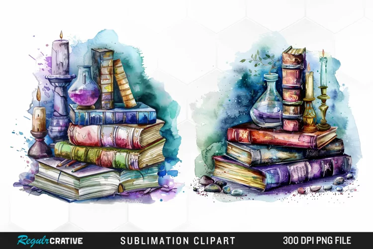Watercolor Fantasy Books Sublimation PNG Clipart
