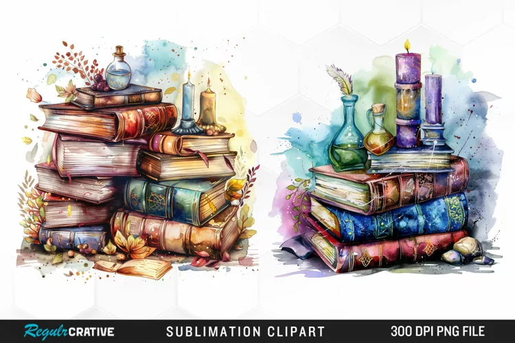 Watercolor Fantasy Books Sublimation PNG Clipart