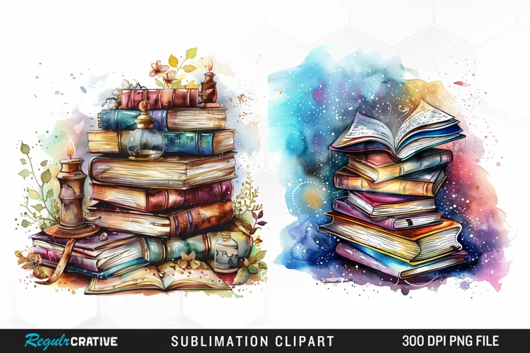 Watercolor Fantasy Books Sublimation PNG Clipart