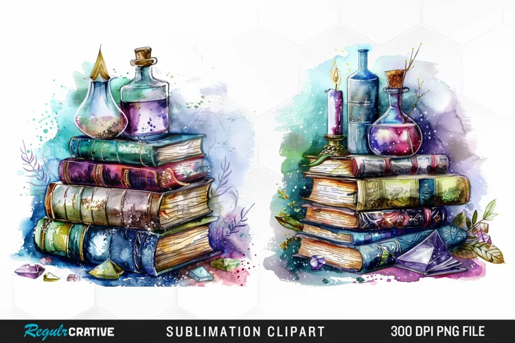 Watercolor Fantasy Books Sublimation PNG Clipart