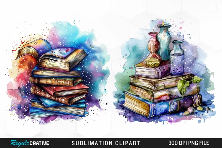 Watercolor Fantasy Books Sublimation PNG Clipart