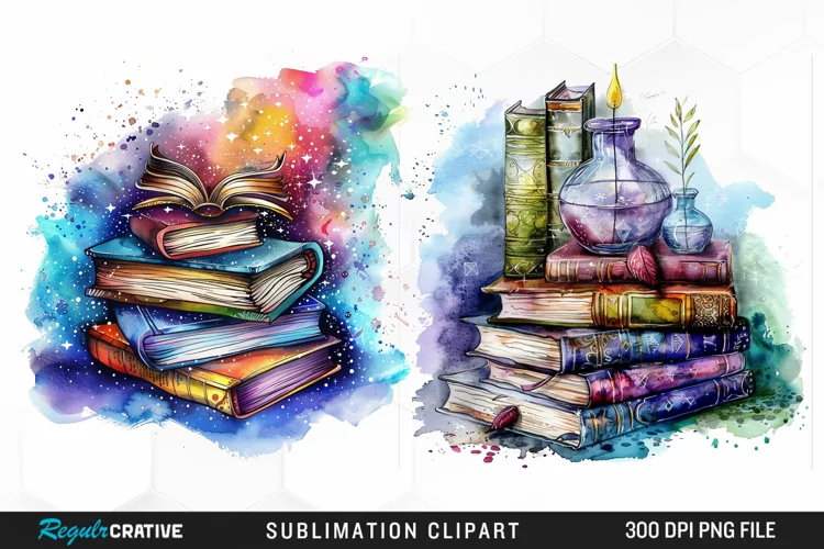 Watercolor Fantasy Books Sublimation PNG Clipart