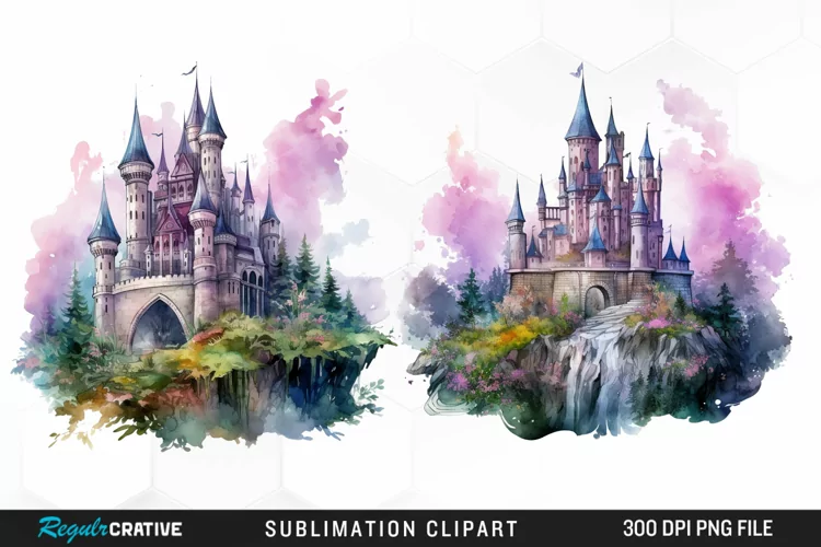 Watercolor Fantasy Castles Graphic Clipart