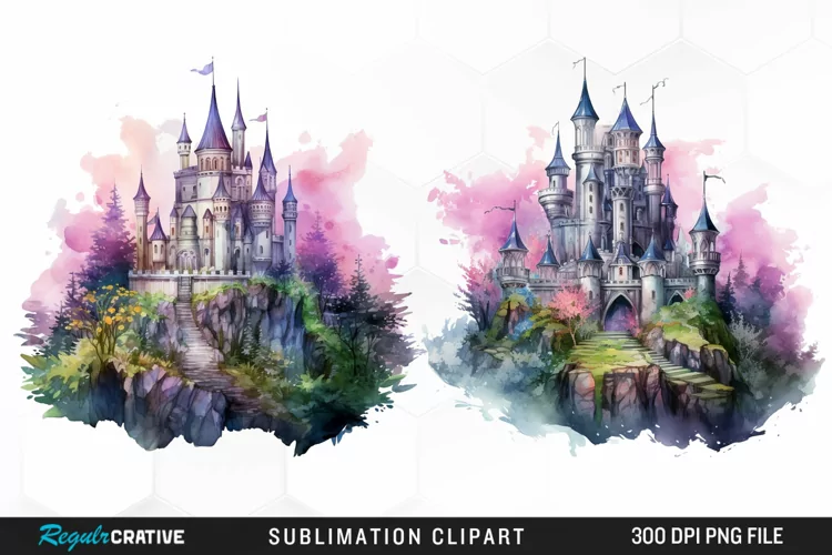 Watercolor Fantasy Castles Graphic Clipart