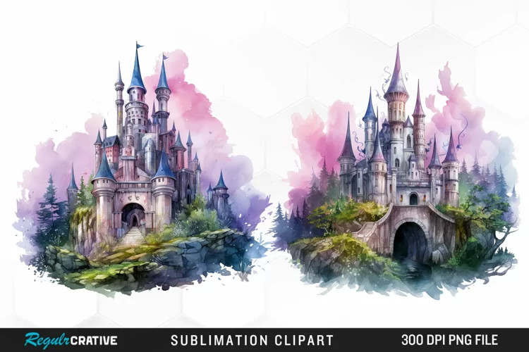 Watercolor Fantasy Castles Graphic Clipart