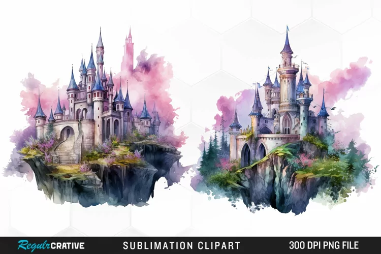 Watercolor Fantasy Castles Graphic Clipart