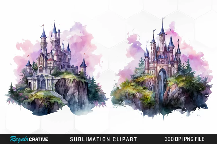 Watercolor Fantasy Castles Graphic Clipart
