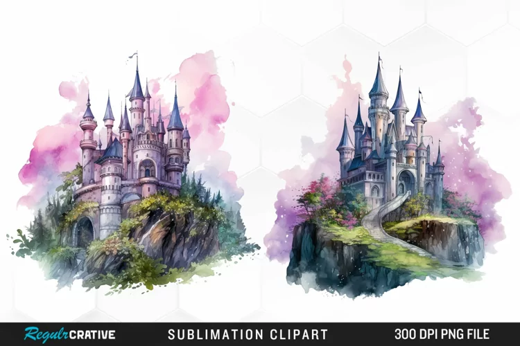 Watercolor Fantasy Castles Graphic Clipart