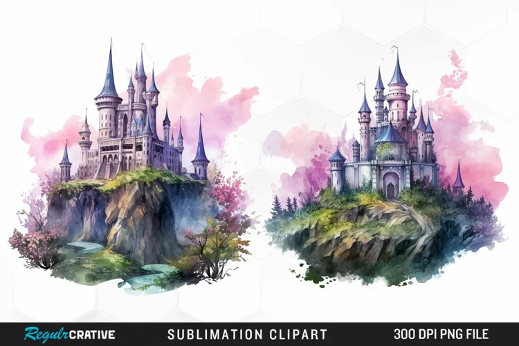 Watercolor Fantasy Castles Graphic Clipart