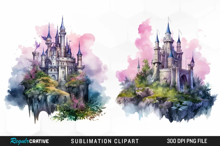 Watercolor Fantasy Castles Graphic Clipart