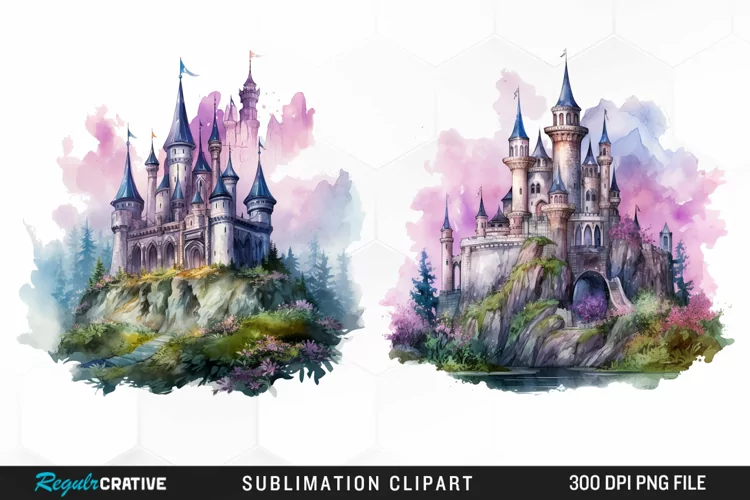 Watercolor Fantasy Castles Graphic Clipart