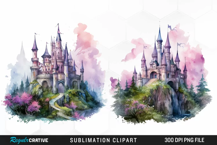 Watercolor Fantasy Castles Graphic Clipart