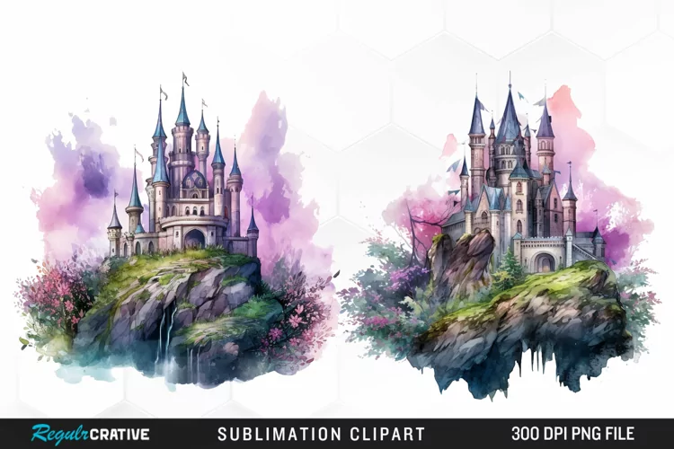 Watercolor Fantasy Castles Graphic Clipart