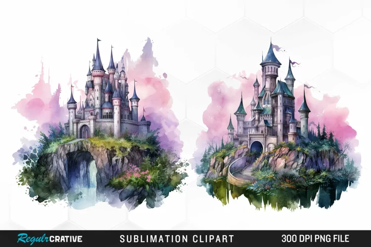 Watercolor Fantasy Castles Graphic Clipart