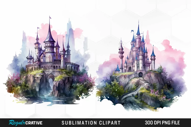 Watercolor Fantasy Castles Graphic Clipart