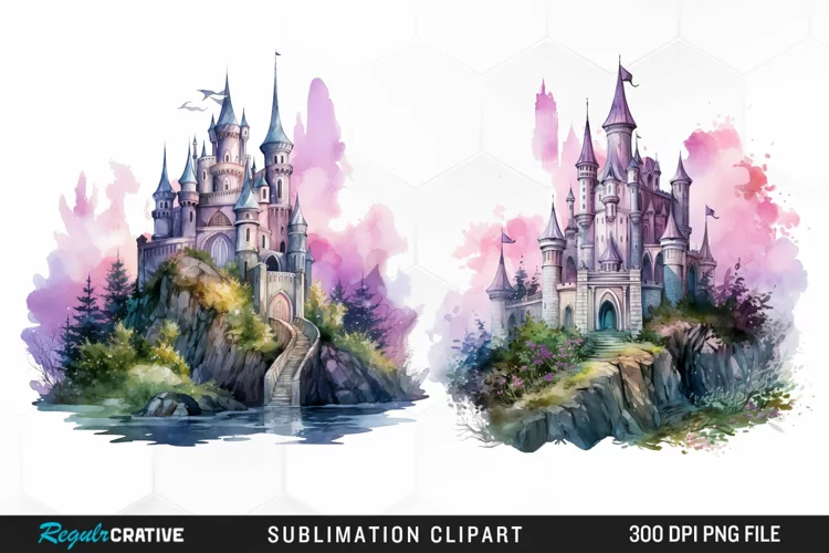 Watercolor Fantasy Castles Graphic Clipart