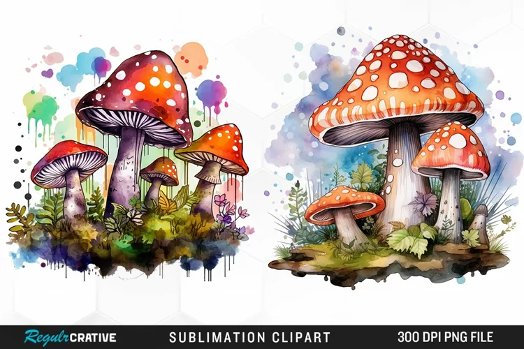 Watercolor Fantasy Mushroom Clipart