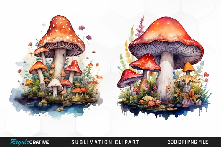 Watercolor Fantasy Mushroom Clipart