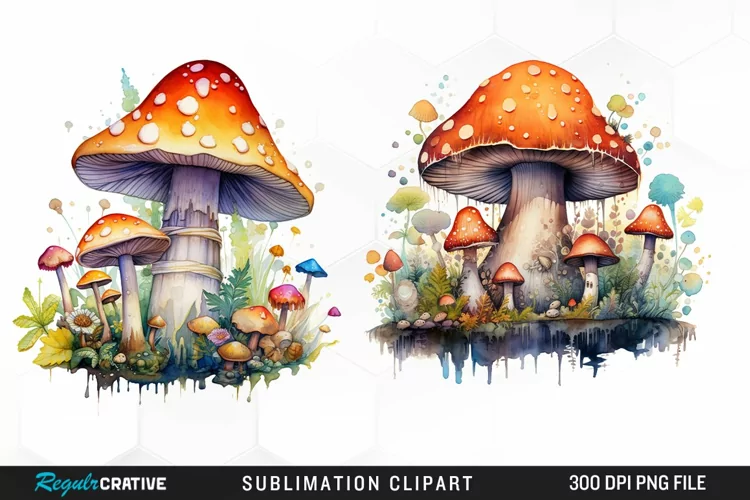 Watercolor Fantasy Mushroom Clipart