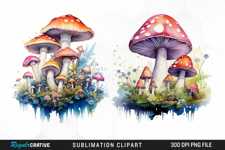 Watercolor Fantasy Mushroom Clipart