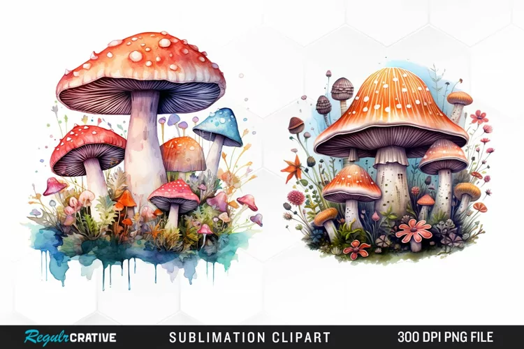 Watercolor Fantasy Mushroom Clipart