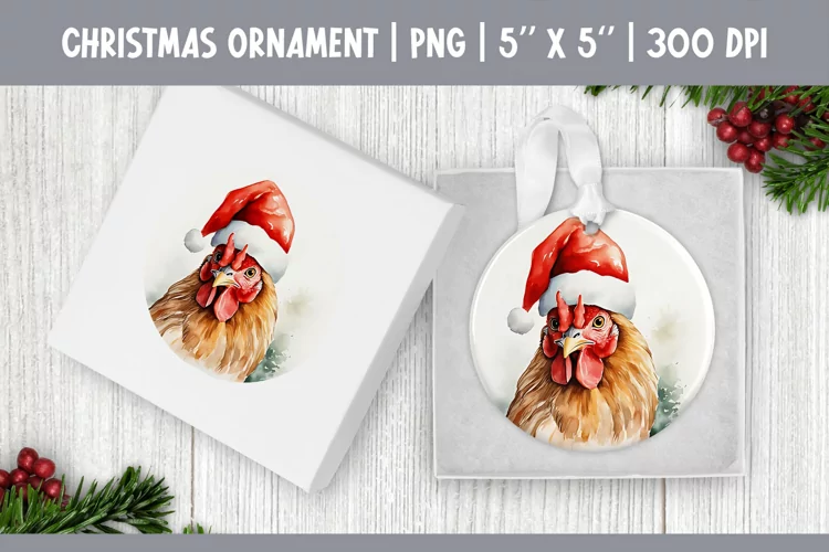 Watercolor Christmas Ornament Sublimation Design | Chicken