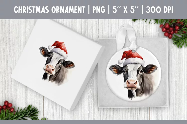 Watercolor Christmas Ornament Sublimation Design | Cute Cow