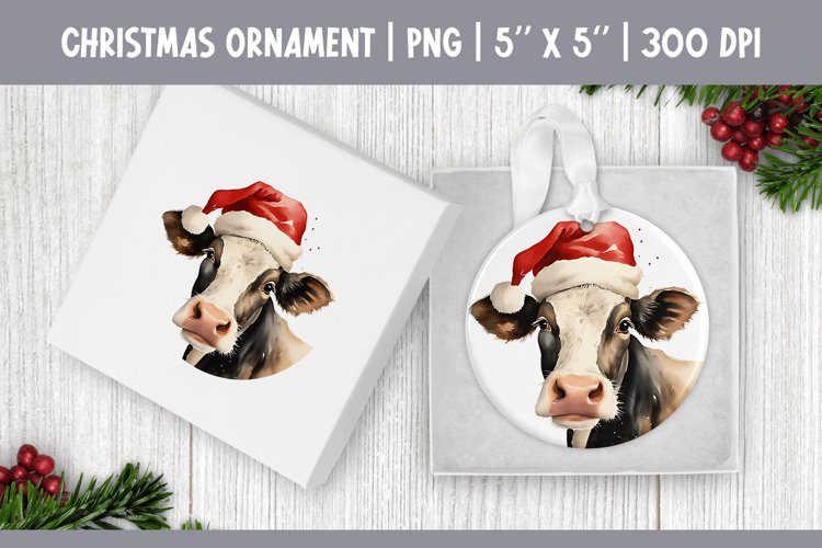 Watercolor Christmas Ornament Sublimation Design | Cute Cow example image 1