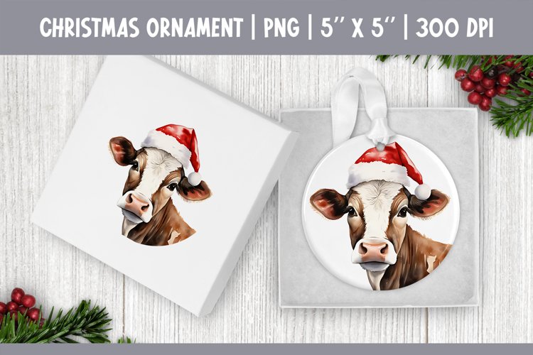 Watercolor Christmas Ornament Sublimation Design | Cute Cow example image 1