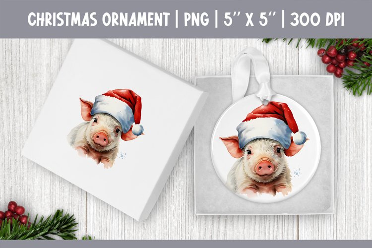 Watercolor Christmas Ornament Sublimation Design | Cute Pig example image 1