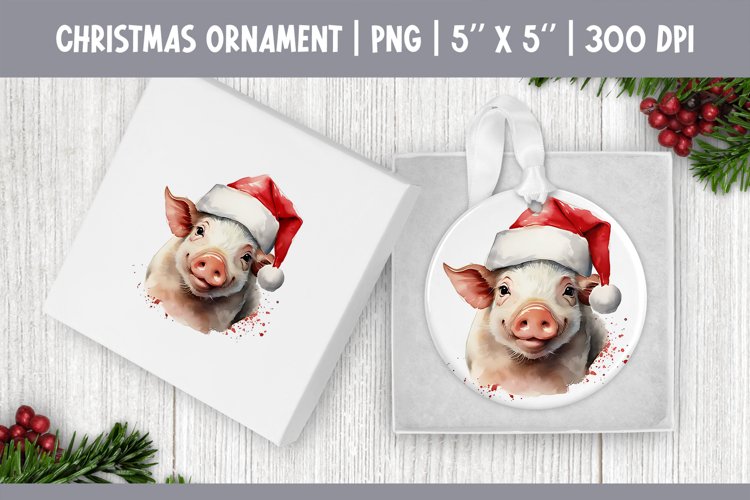 Watercolor Christmas Ornament Sublimation Design | Cute Pig example image 1