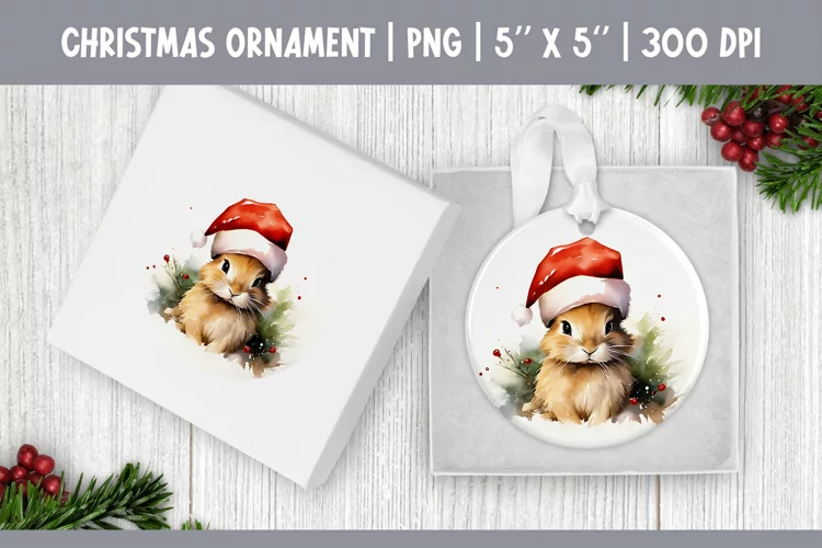Watercolor Christmas Ornament Sublimation Design | Rabbit