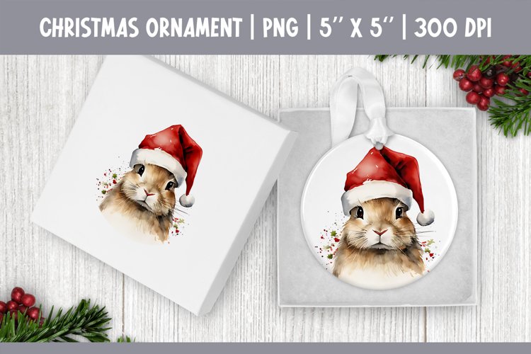 Watercolor Christmas Ornament Sublimation Design | Rabbit