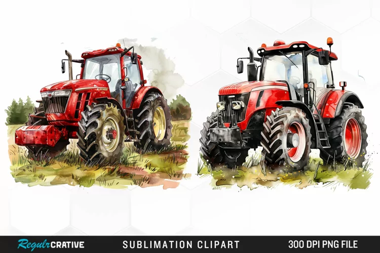Watercolor Farm Red Tractor Graphic Clipart