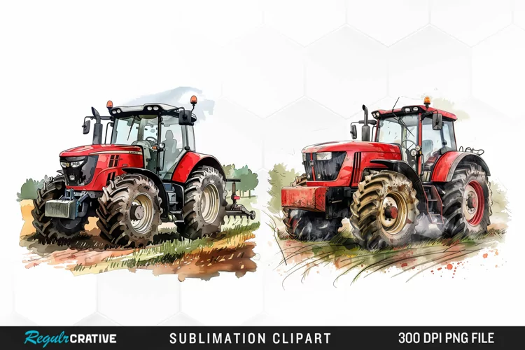 Watercolor Farm Red Tractor Graphic Clipart