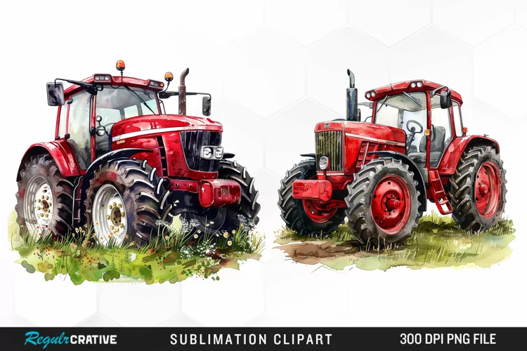 Watercolor Farm Red Tractor Graphic Clipart