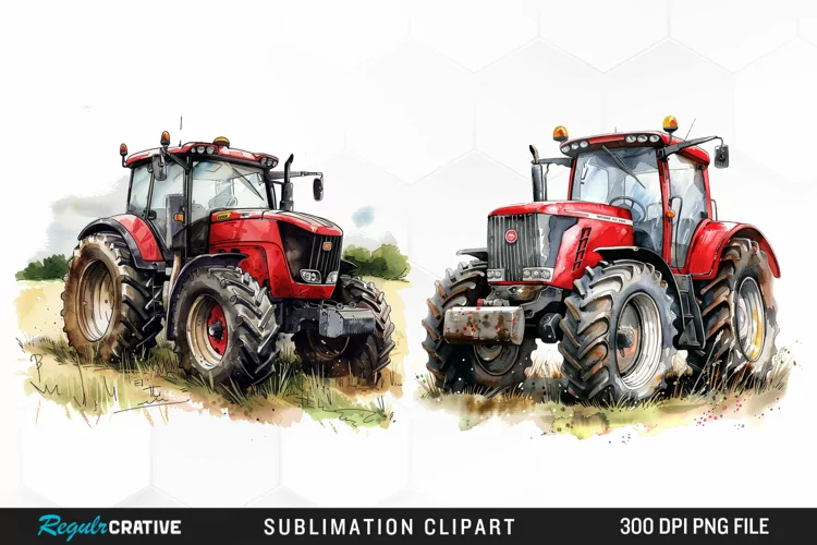 Watercolor Farm Red Tractor Graphic Clipart
