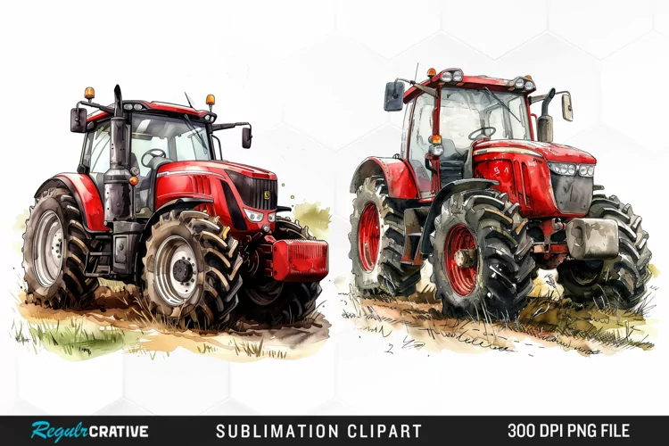 Watercolor Farm Red Tractor Graphic Clipart