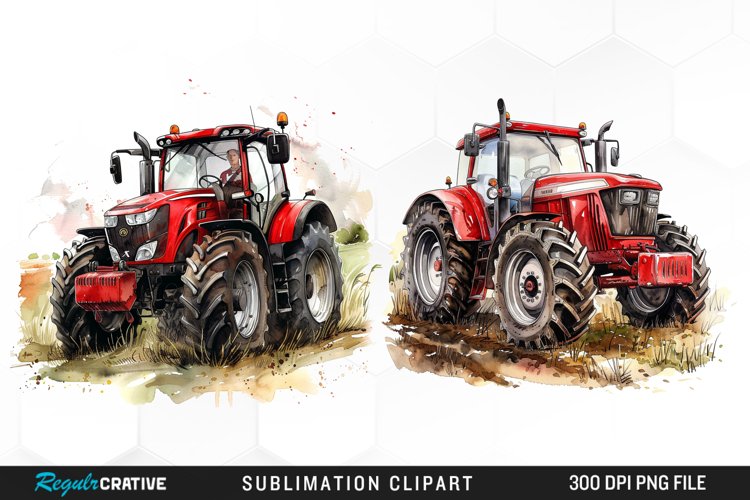 Watercolor Farm Red Tractor PNG Set Clipart