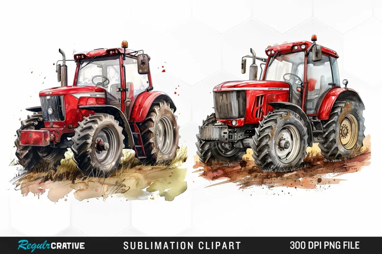 Watercolor Farm Red Tractor Graphic Clipart