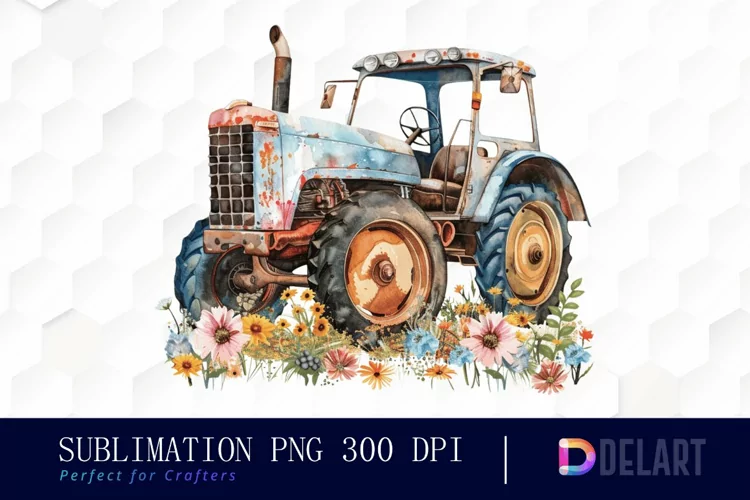 Farm Tractor Floral Graphics Clipart