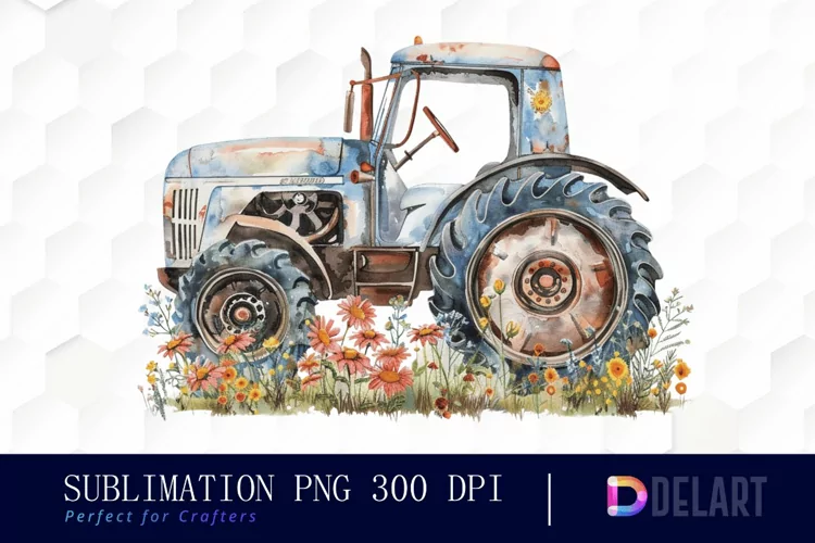 Farm Tractor Floral Watercolor Clipart