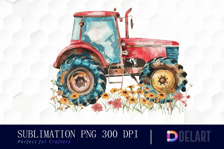 Farm Tractor Floral Watercolor Clipart