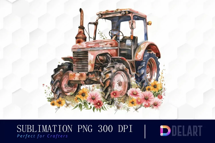 Farm Tractor Floral Watercolor Clipart